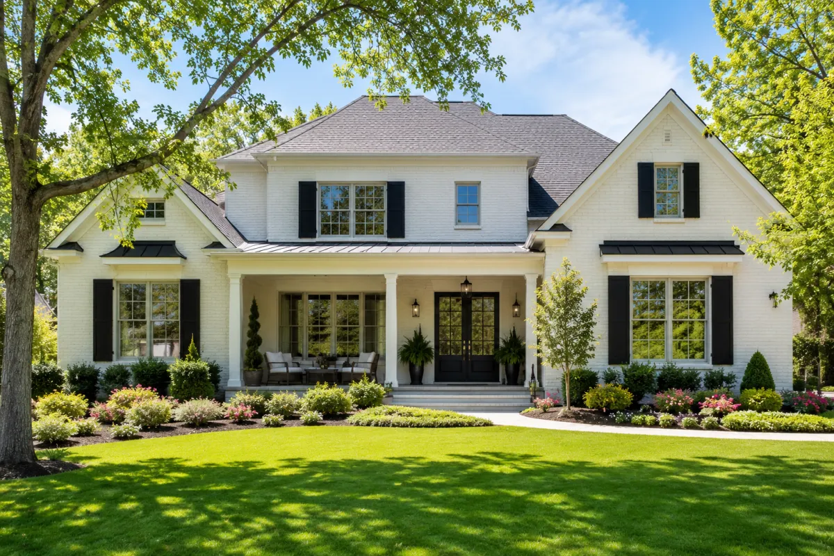 Straight-on view of a newer transitional-style home in Greenville, South Carolina featuring a painted brick exterior, black shutters, a welcoming front porch with comfortable seating, professionally landscaped flower beds, mature shade trees, and a wide green lawn on a bright spring morning. No people are visible.