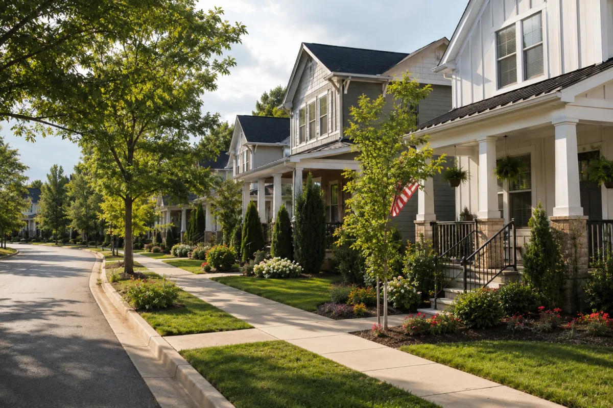 Street-level view of a welcoming newer neighborhood in Fountain Inn, South Carolina on a soft afternoon with board-and-batten and Craftsman-style homes, mature landscaping, sidewalks, and a peaceful residential atmosphere. No people are visible.