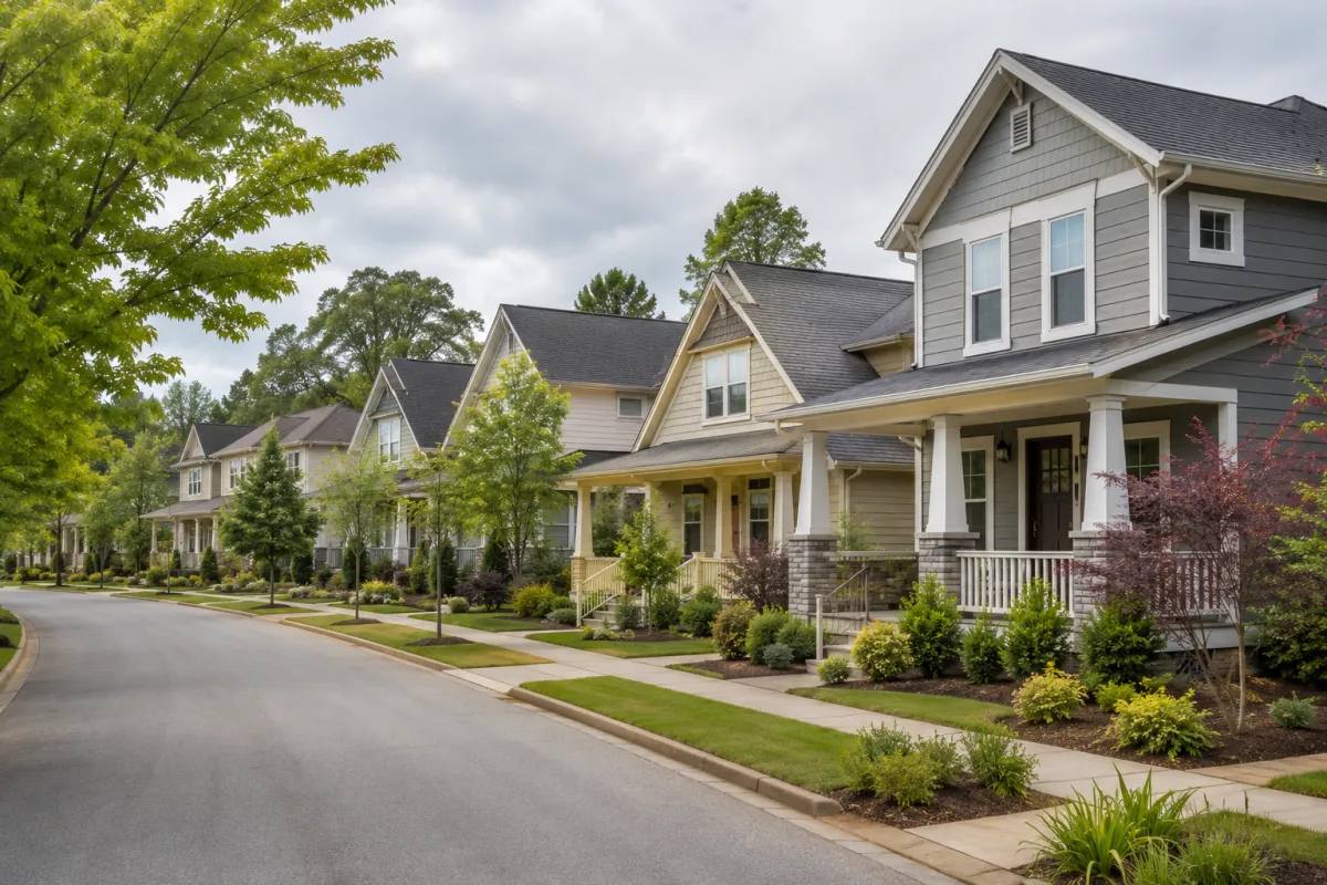Street-level view of a peaceful newer Craftsman-style neighborhood in Greenville, South Carolina on a bright overcast afternoon, featuring landscaped front yards, mature trees, sidewalks, and welcoming homes that create a calm, inviting atmosphere.