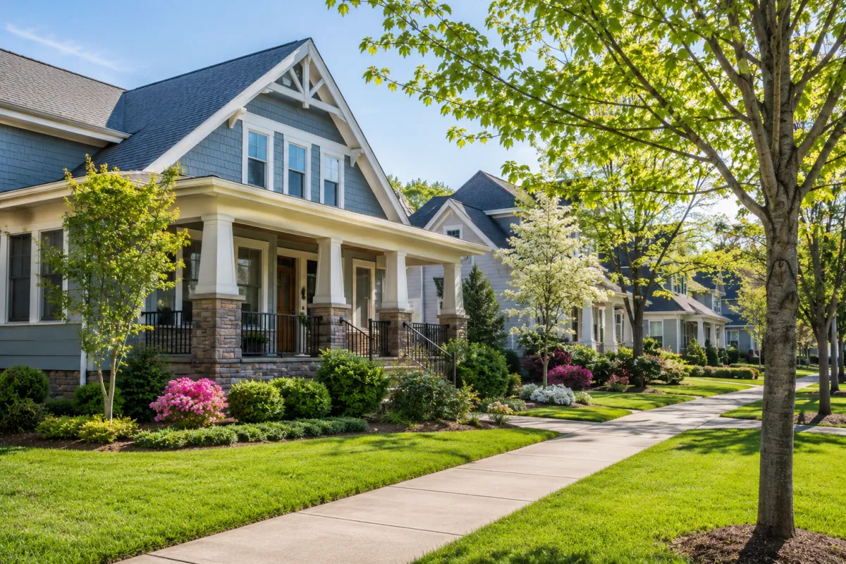 A beautifully landscaped newer Craftsman-style home in a thoughtfully planned Greenville, South Carolina neighborhood on a bright spring morning, with mature trees, sidewalks, and inviting streets that emphasize the importance of community location over the home itself.
