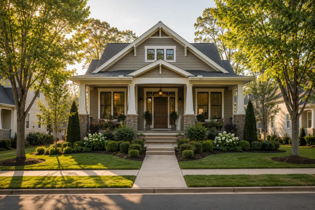 A straight-on street-level view of a beautifully designed newer Craftsman home in a Greenville, South Carolina neighborhood, featuring a welcoming front porch, symmetrical landscaping, mature shade trees, and a wide sidewalk that invites visitors into the community. Soft golden morning light highlights the home's curb appeal without showing any people