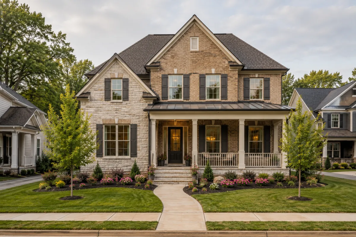 A straight-on view of a newer traditional brick home with light stone accents and charcoal shutters in a beautifully maintained Greenville, South Carolina new-construction neighborhood. The home features a welcoming covered porch, professionally landscaped flower beds, young maple trees, curved planting borders, and soft cloud-filtered morning light. Neighboring completed homes create the feeling of an established new community. No people are present.