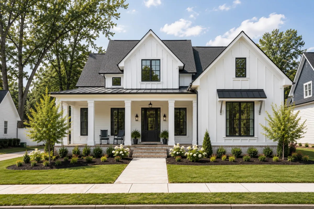 A straight-on view of a newer board-and-batten farmhouse-style home under construction in a Greenville, South Carolina neighborhood. The partially completed home sits among mature trees with neatly graded landscaping, fresh sidewalks, neighboring completed homes, and soft bright overcast morning light. No people are present, creating an authentic look at a growing community.
