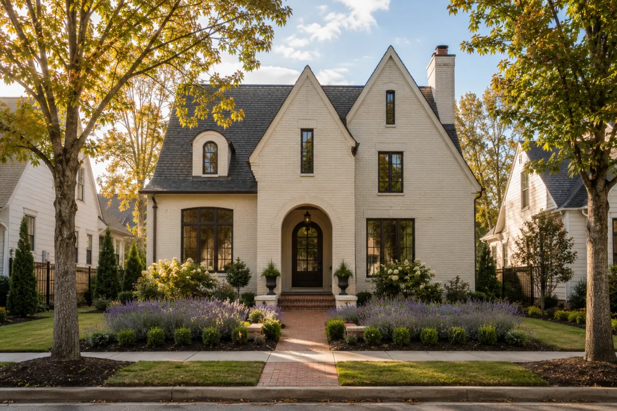 A straight-on view of a newer European-inspired home with creamy painted brick, dark bronze windows, a steep gabled roof, and a welcoming arched entry in a beautifully maintained Greenville, South Carolina neighborhood. Lavender-lined landscape beds, mature hardwood trees, brick walkways, and soft early autumn morning light create a peaceful residential setting. No people are present.