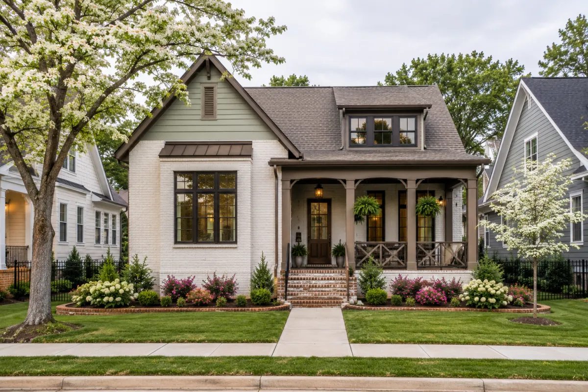 A straight-on view of a newer cottage-inspired home with painted brick, sage green siding accents, dark bronze windows, and a charming covered front porch in a beautifully maintained Greenville, South Carolina neighborhood. Mature dogwood trees, flowering shrubs, brick-edged landscape beds, and a quiet sidewalk are softly illuminated by bright overcast morning light. No people are present.