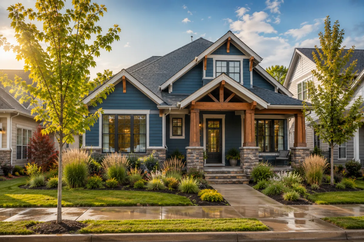 A straight-on view of a newer contemporary Craftsman home with deep blue fiber-cement siding, natural wood porch beams, white trim, and stacked stone accents in a beautifully maintained Greenville, South Carolina neighborhood. Ornamental grasses, native shrubs, mature maple trees, and a broad sidewalk create a welcoming streetscape beneath soft morning sunshine after a light rain. No people are present.