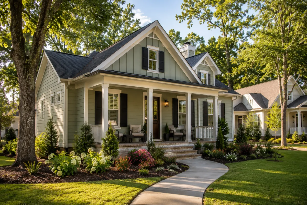 A completed cottage-inspired new construction home with soft sage-green siding, white trim, black shutters, and a welcoming front porch sits in a peaceful Greenville-area neighborhood. Mature shade trees, flowering shrubs, and a winding sidewalk create a warm, inviting setting beneath gentle morning light.