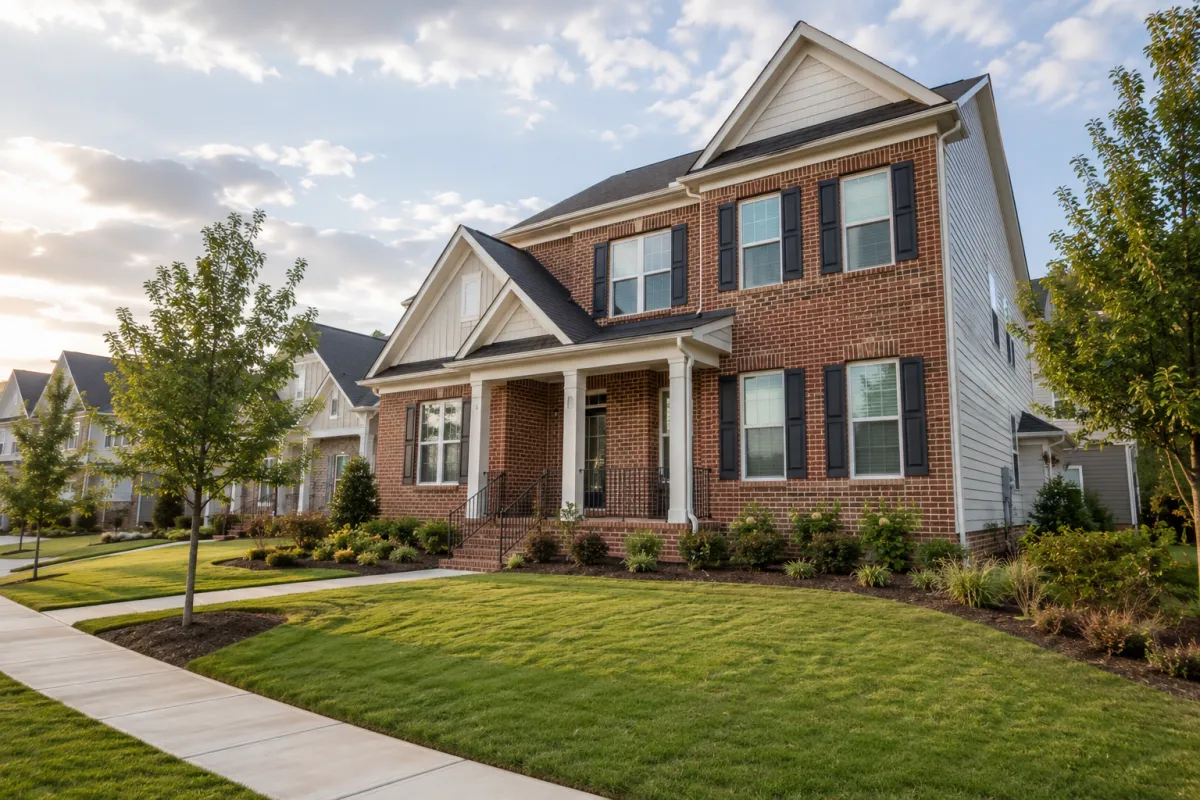 Newer red-brick transitional home viewed from a front corner angle in a peaceful Simpsonville neighborhood, with a gently sloping lawn, young shade trees, neighboring homes, and soft overcast light.