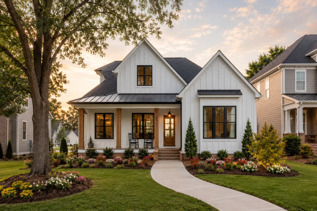 A beautifully finished modern farmhouse-style home in a quiet Simpsonville, South Carolina neighborhood featuring white board-and-batten siding, black windows, a welcoming covered front porch, colorful seasonal landscaping, and soft early evening light. No people.