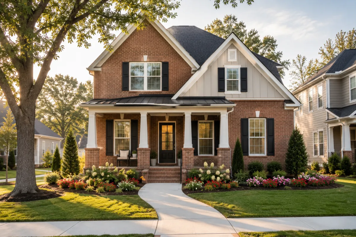 A newer transitional-style brick and fiber-cement home in a well-kept Greenville, South Carolina neighborhood featuring a symmetrical front elevation, charcoal roof, black shutters, mature landscaping, and soft morning sunlight. No people.
