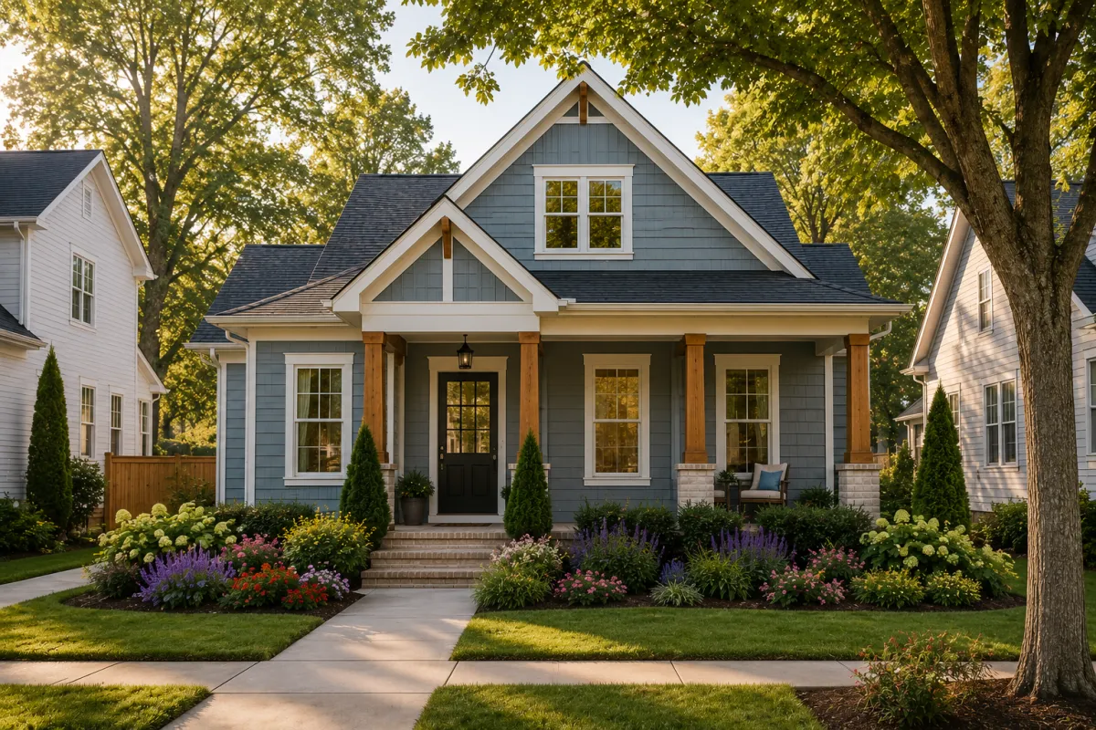 A beautifully maintained newer cottage-inspired home in a Greenville, South Carolina neighborhood with soft blue fiber-cement siding, white trim, a welcoming covered front porch, colorful perennial landscaping, mature trees, and warm late afternoon sunlight creating an inviting first-home atmosphere.