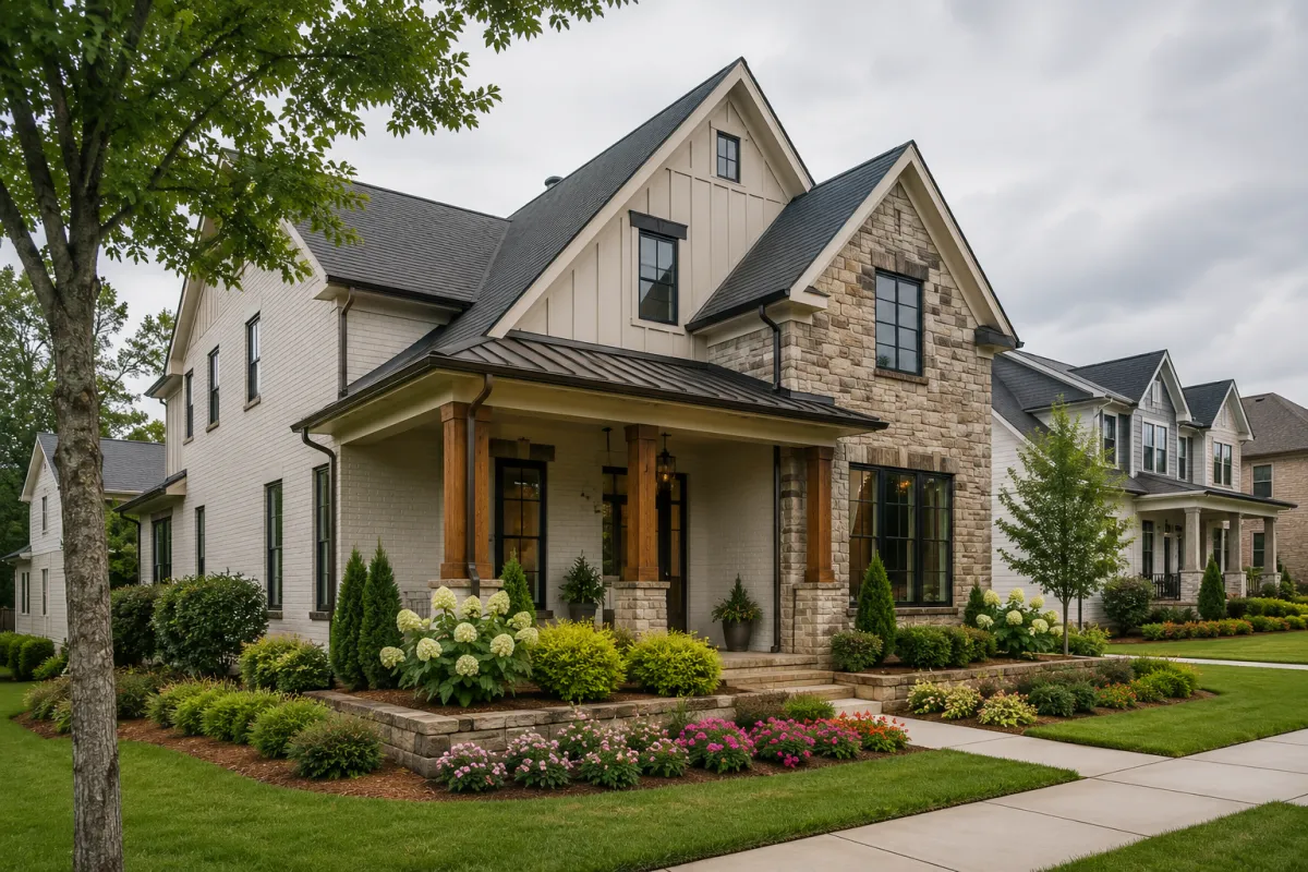A newer semi-custom transitional home with a painted brick and natural stone exterior, board-and-batten gables, a welcoming front porch, mature landscaping, and soft overcast morning light in a thoughtfully designed Greenville, South Carolina neighborhood.