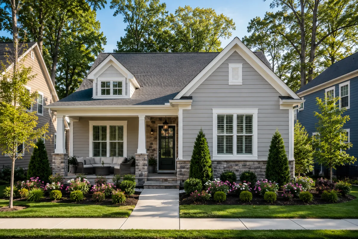 A beautifully finished cottage-inspired home with soft gray siding, white trim, natural stone accents, and a welcoming front porch in a newer Greenville, South Carolina neighborhood, surrounded by colorful landscaping under bright afternoon light with no people.