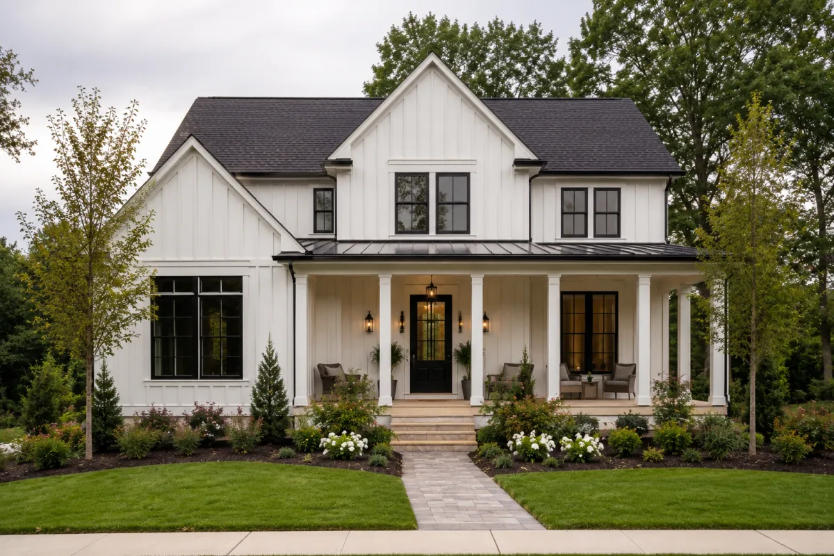 A beautifully completed modern farmhouse-style home in a newer Greenville, South Carolina community with white board-and-batten siding, black windows, a covered front porch, mature landscaping, and soft overcast morning light. No people.