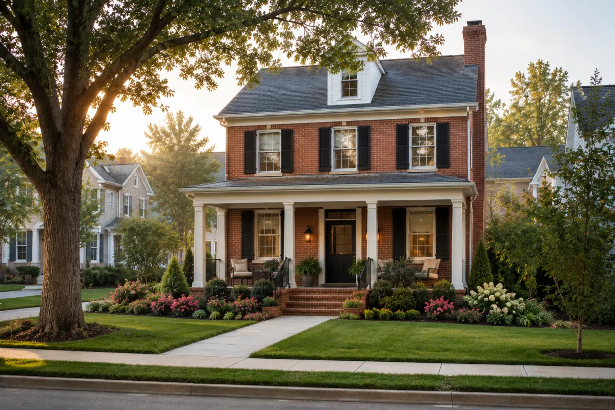A completed traditional brick home in a newer Greenville, South Carolina neighborhood with crisp white trim, dark shutters, a covered front porch, manicured landscaping, and a peaceful sidewalk lined with mature oak trees under soft morning light.