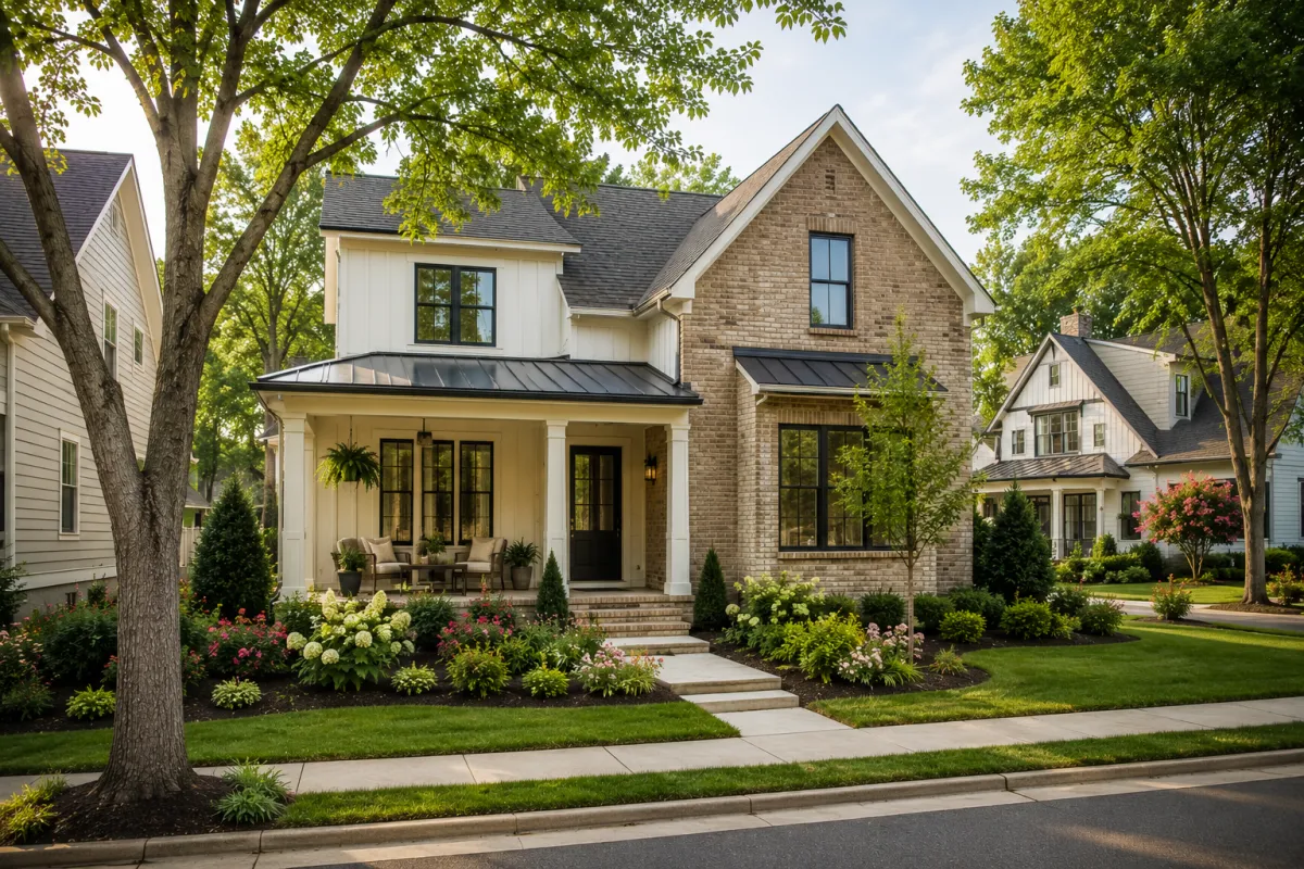A completed traditional brick home in a newer Greenville, South Carolina neighborhood with crisp white trim, dark shutters, a covered front porch, manicured landscaping, and a peaceful sidewalk lined with mature oak trees under soft morning light.