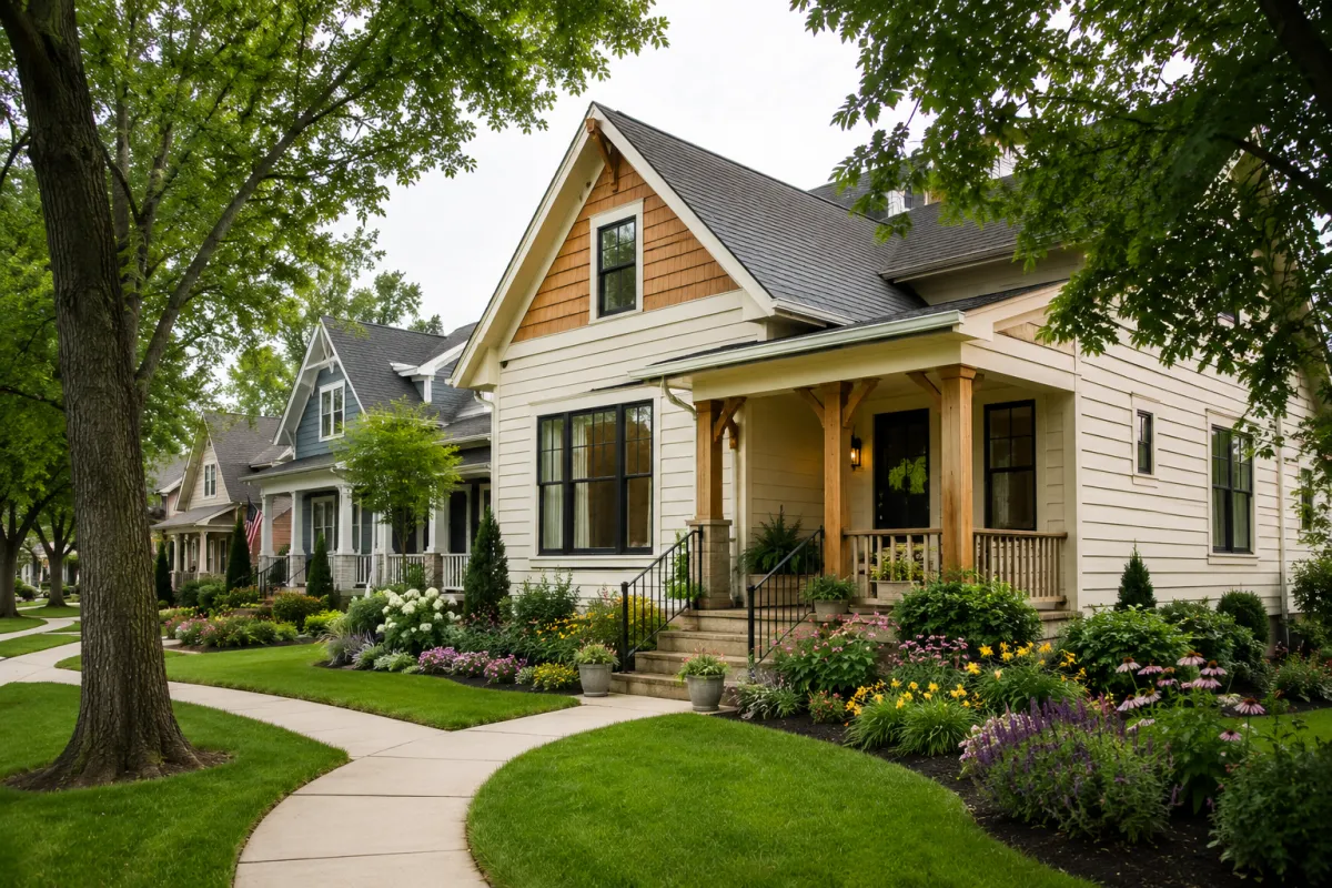 A completed cottage-inspired home in a newer Greenville, South Carolina neighborhood with soft cream siding, warm cedar accents, a welcoming front porch, colorful perennial landscaping, and mature shade trees on a quiet residential street during a bright overcast morning.
