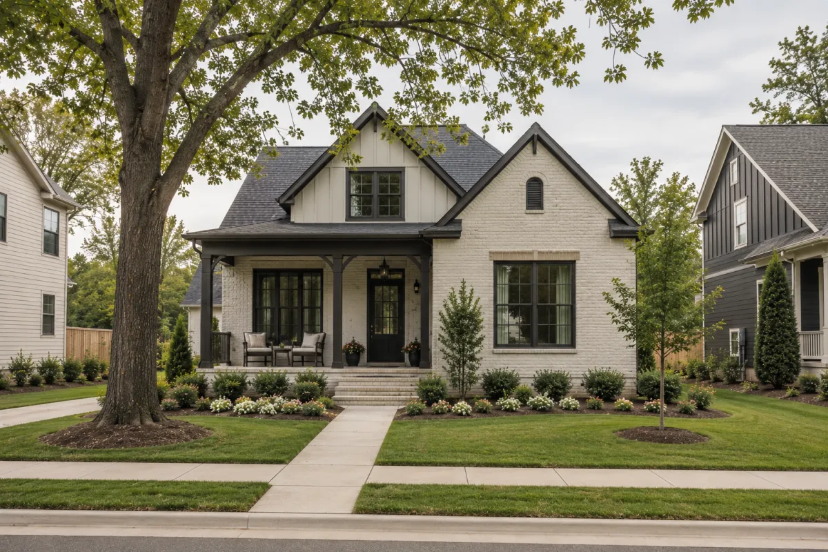 Straight-on view of a newer cottage-inspired home with light painted brick and charcoal accents on a comfortably sized lot in a Greenville-area neighborhood, featuring layered landscaping, mature trees, broad sidewalks, and soft overcast morning light.