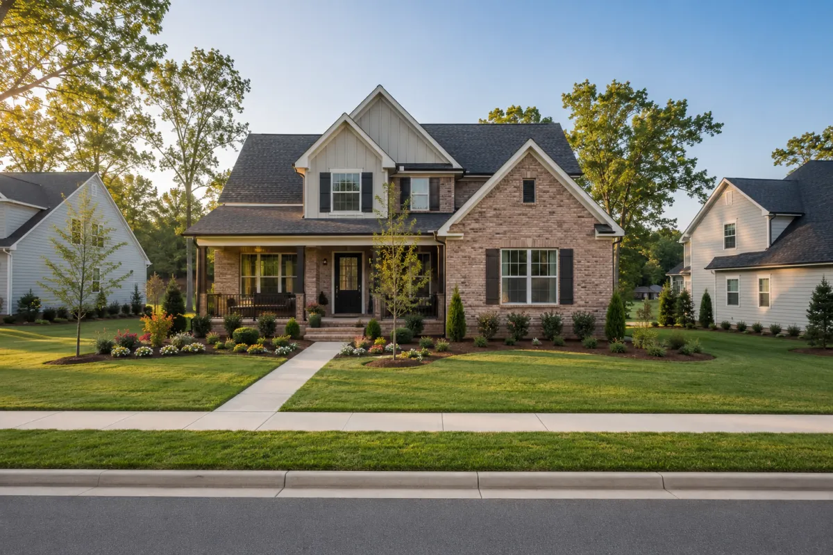 Straight-on view of a newer transitional brick-and-siding home on a wider homesite in a thoughtfully planned Fountain Inn, South Carolina neighborhood with mature landscaping, broad sidewalks, and soft morning light.