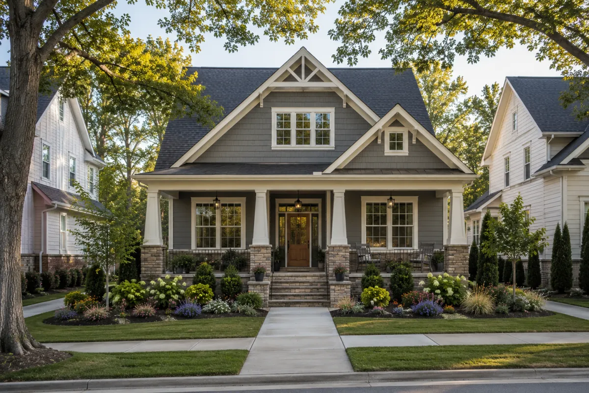Straight-on view of a newer traditional Craftsman home with warm gray lap siding, natural stone accents, tapered porch columns, and a deep covered front porch in a Greenville, South Carolina neighborhood. Mature oak trees, layered landscaping, flowering perennials, and soft morning light create a welcoming setting with no people visible.