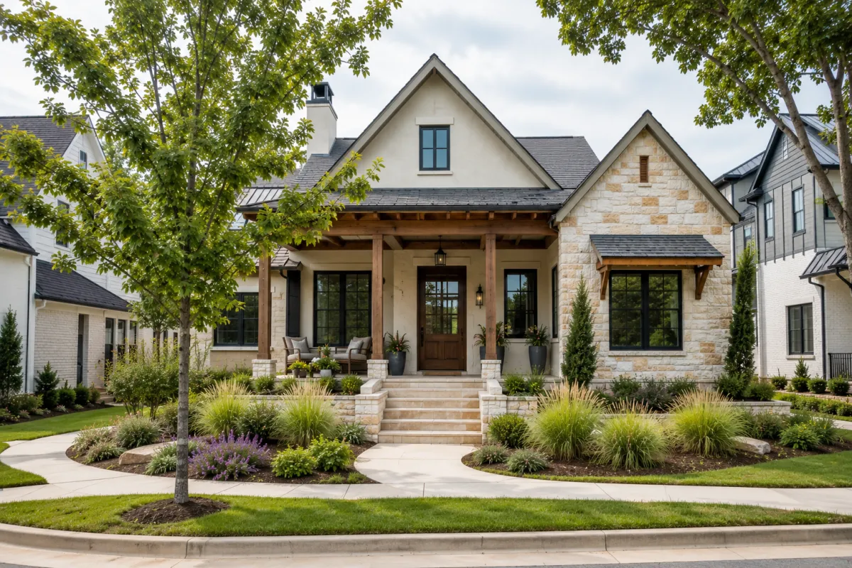 Straight-on view of a newer hill-country-inspired home with warm limestone accents, soft cream stucco, natural cedar beams, and a deep covered front porch in a Greenville, South Carolina neighborhood. Mature maple trees, native landscaping, ornamental grasses, and curved sidewalks create a peaceful setting under bright overcast daylight with no people visible.