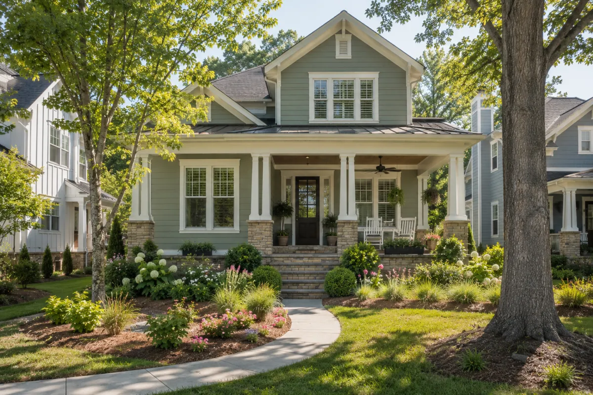 Straight-on view of a newer Lowcountry-inspired home with soft sage-green lap siding, white trim, a deep covered front porch, and natural stone foundation accents in a Greenville, South Carolina neighborhood. Mature hardwood trees, layered native landscaping, and a winding sidewalk create a peaceful morning setting with no people visible.