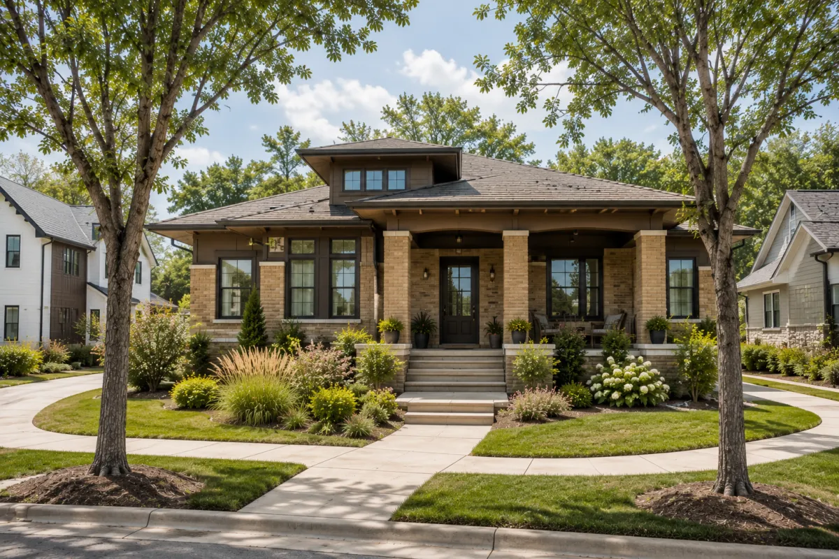 Straight-on view of a newer prairie-inspired home with warm tan brick, dark bronze fiber-cement siding accents, wide roof overhangs, and a covered front porch in a Greenville, South Carolina new-construction neighborhood. Mature elm trees, layered landscaping, ornamental shrubs, and gently curving sidewalks create a welcoming setting under soft midday light with no people visible.