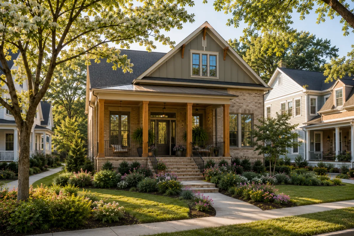 Straight-on view of a newer Southern Craftsman home with warm sand-colored brick, soft olive board-and-batten accents, cedar porch columns, and a deep covered front porch in a beautifully maintained Greenville, South Carolina neighborhood. Mature dogwood trees, layered native landscaping, flowering perennials, gently curving sidewalks, and neighboring newer homes create a peaceful late-afternoon setting. No people are visible.