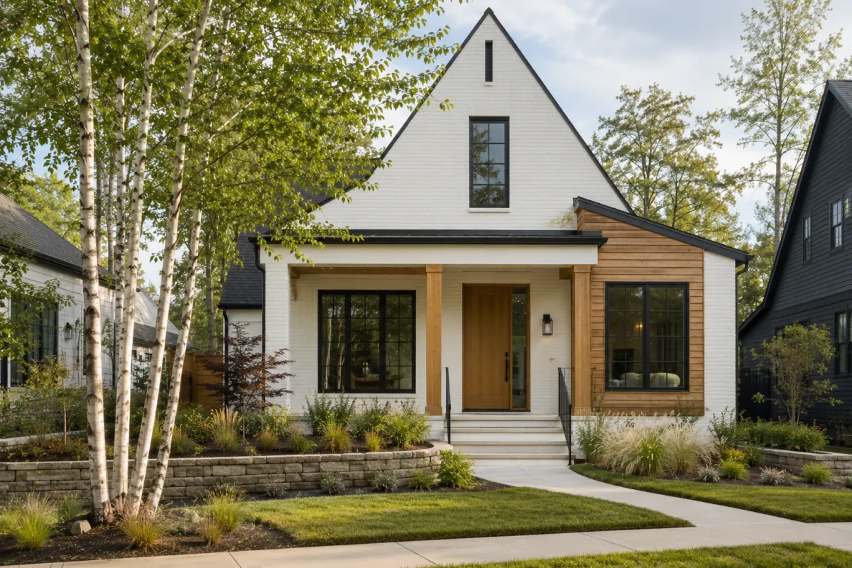Straight-on view of a newer Scandinavian-inspired home with smooth white brick, natural cedar accents, matte black windows, and a simple covered front porch in a beautifully maintained Greenville, South Carolina neighborhood. Mature river birch trees, native ornamental grasses, low stone planters, and gently curving sidewalks create a calm setting beneath bright cloud-filtered morning light. No people are visible.