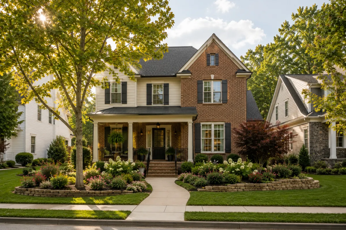 Straight-on view of a newer American Traditional home with warm chestnut brick, creamy ivory siding, charcoal shutters, and a welcoming covered front porch in a beautifully maintained Greenville, South Carolina neighborhood. Mature sweetgum trees, layered flowering shrubs, natural stone edging, and gently curving sidewalks create a peaceful late-morning setting under soft filtered sunlight. No people are visible.