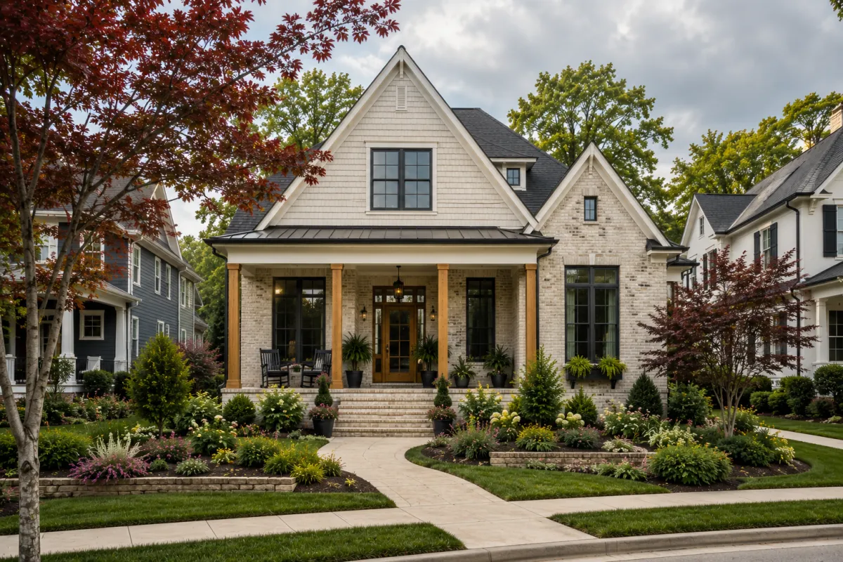 Straight-on view of a newer English Cottage-inspired home with warm light-gray brick, creamy white shake accents, natural wood front door, and an inviting covered porch in a beautifully maintained Greenville, South Carolina neighborhood. Mature red maple trees, layered perennial gardens, stone-edged planting beds, and gently winding sidewalks create a peaceful setting under soft overcast daylight. No people are visible.