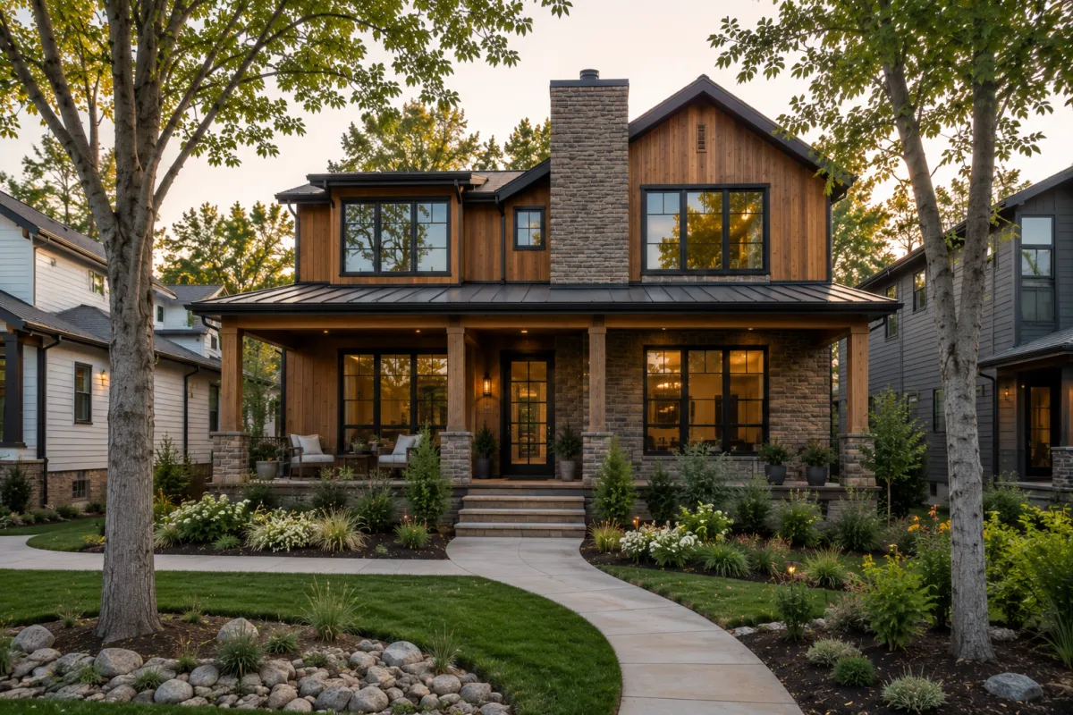 Straight-on view of a newer Mountain Modern home with natural stone accents, warm vertical cedar siding, expansive black-framed windows, and a broad covered front porch in a beautifully maintained Greenville, South Carolina neighborhood. Mature tulip poplar trees, layered native landscaping, river rock garden borders, and gently curving sidewalks create a peaceful setting beneath soft early-evening light. No people are visible.
