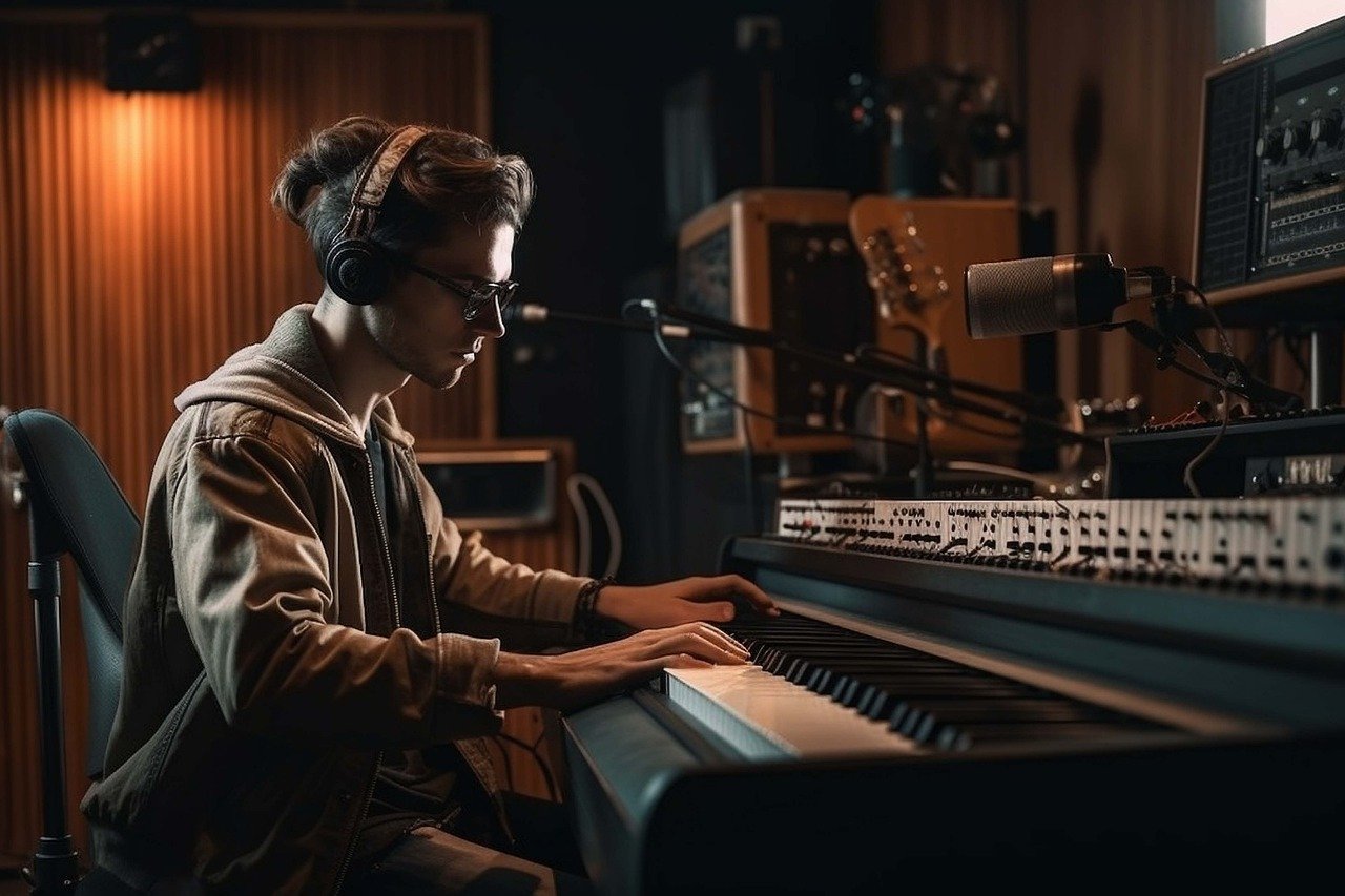 Pianist recording with headphones on a sound board into a studio microphone