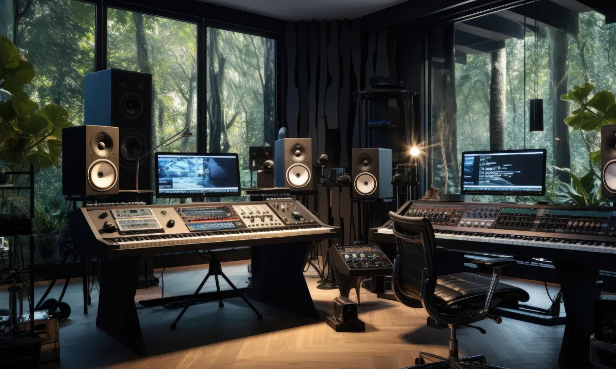 Professional recording studio setup with high-end audio equipment and soundproofing