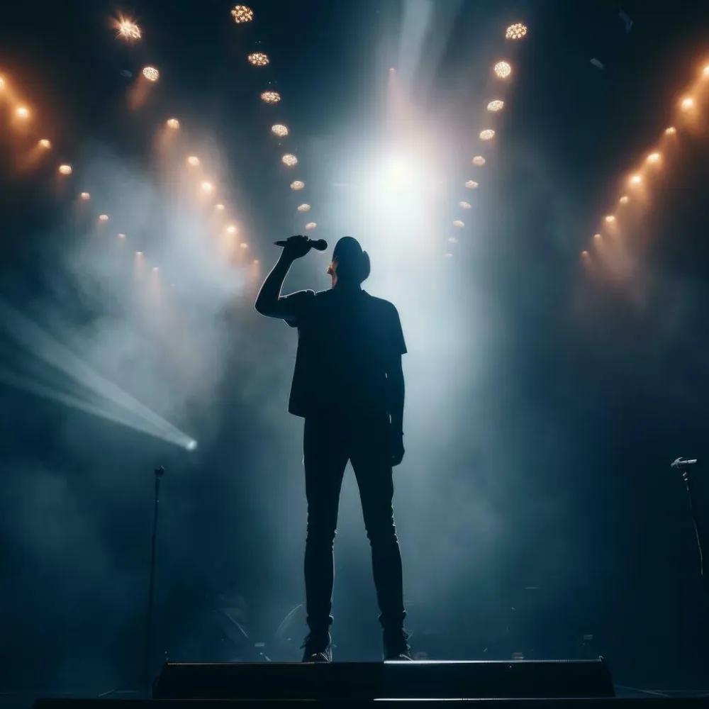 Dynamic shot of a musician singing into a microphone on stage