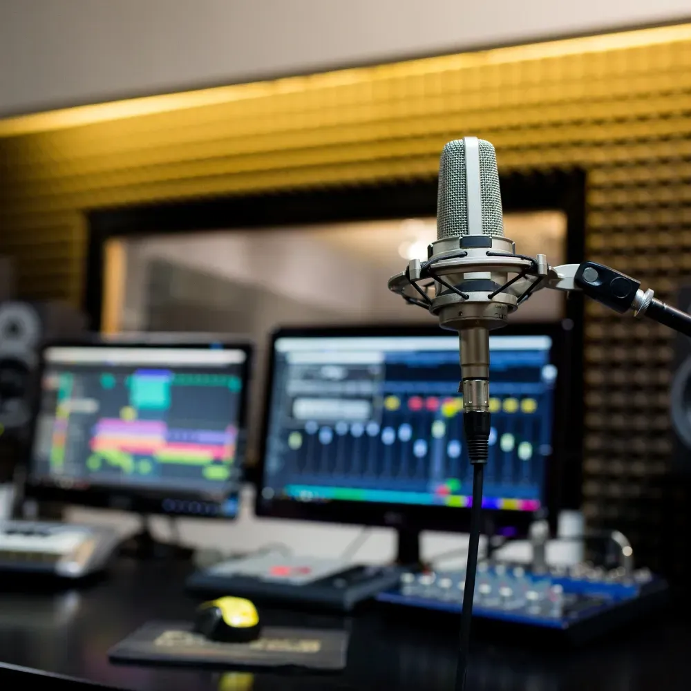 Solo microphone on a stand in a dimly lit studio, symbolizing focused text and email campaigns