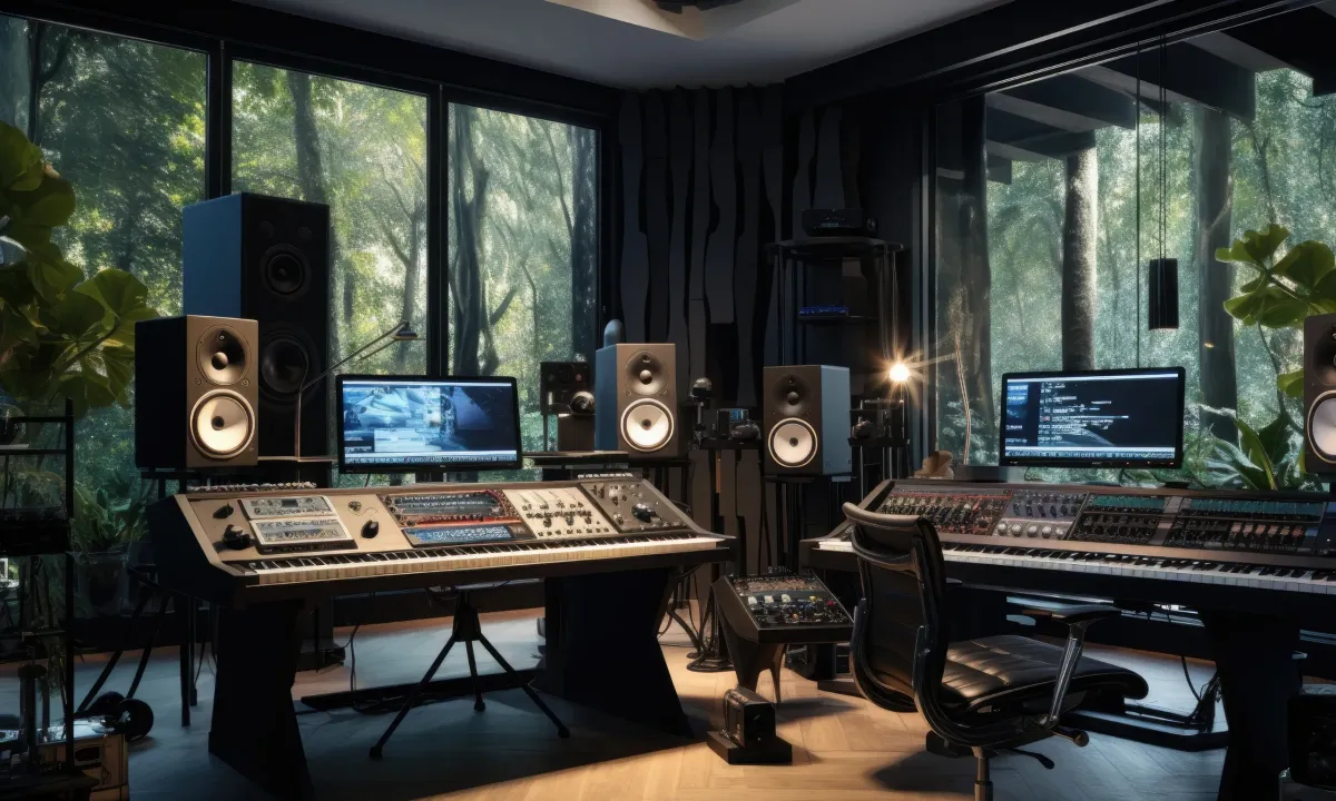 Overhead view of a recording setup featuring a keyboard, mixer, and laptop