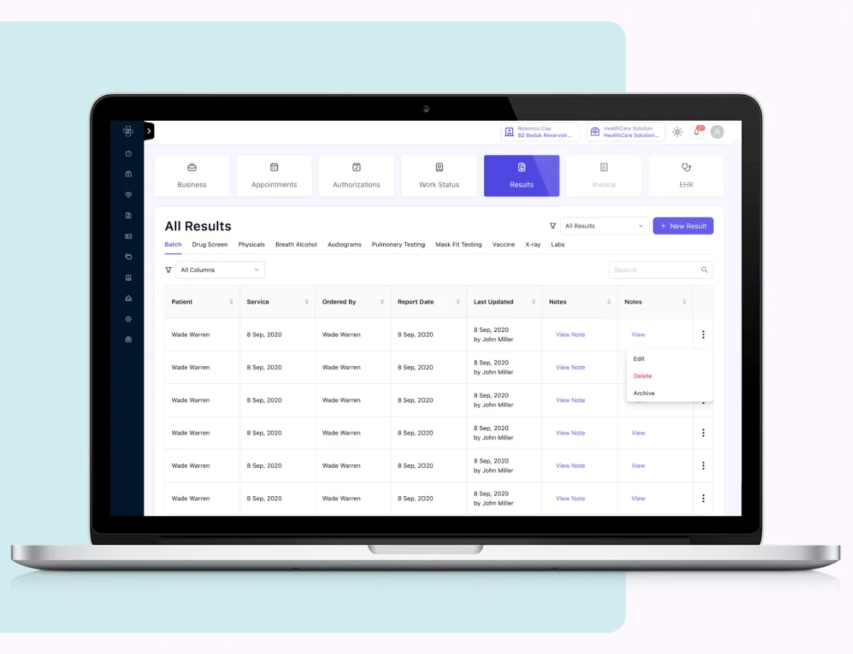 Screenshot of automated resulting in occupational medicine with Synchromedics