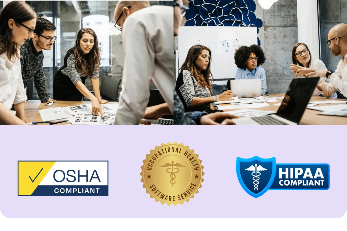 Group photo of the Synchromedics team working, along with compliance badges