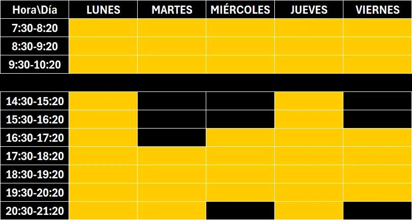 tabla con horario de clases del centro