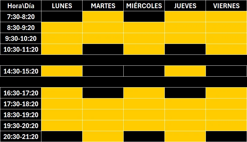 tabla con horario de clases del centro
