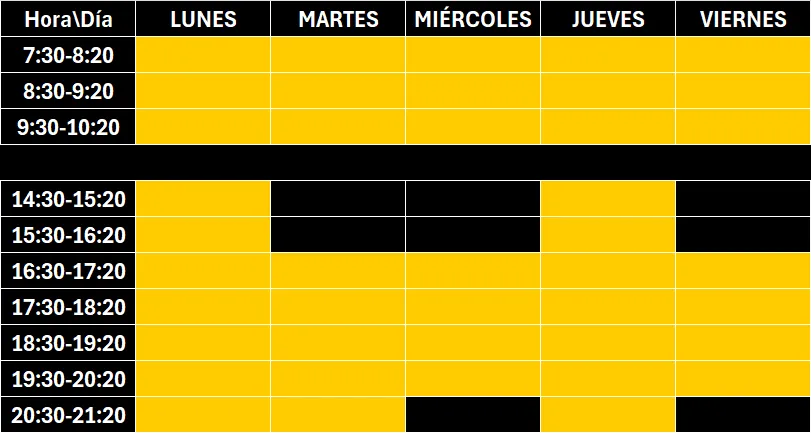 tabla con horario de clases del centro