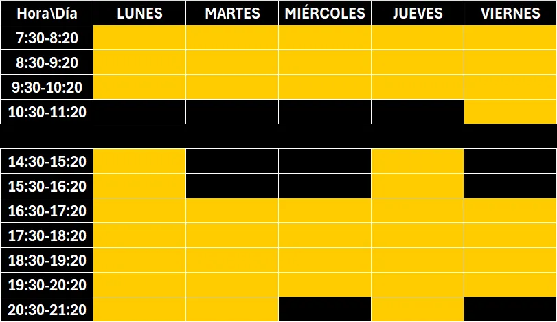 tabla con horario de clases del centro