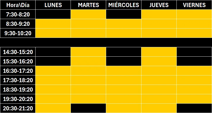 tabla con horario de clases del centro