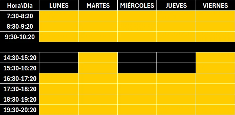 tabla con horario de clases del centro