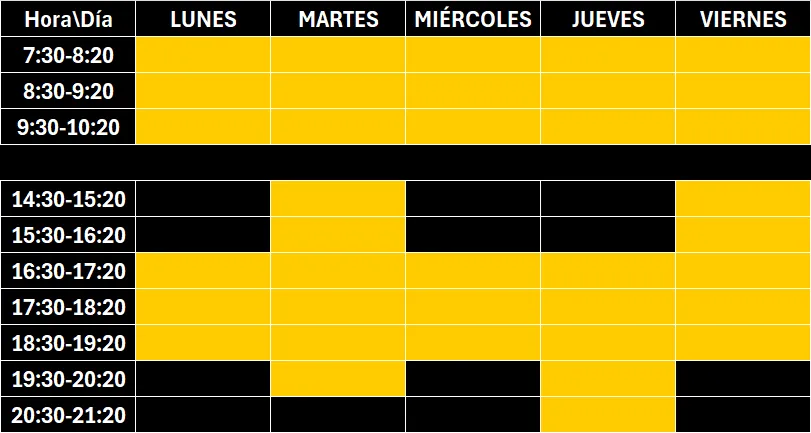tabla con horario de clases del centro