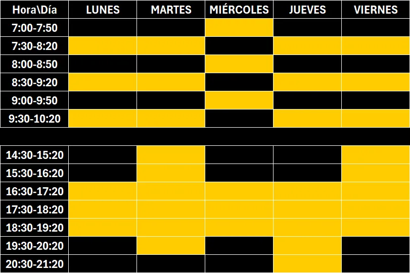 tabla con horario de clases del centro