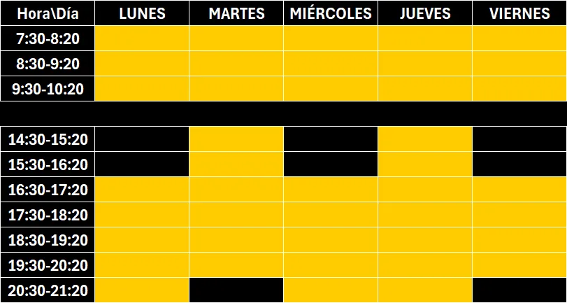 tabla con horario de clases del centro