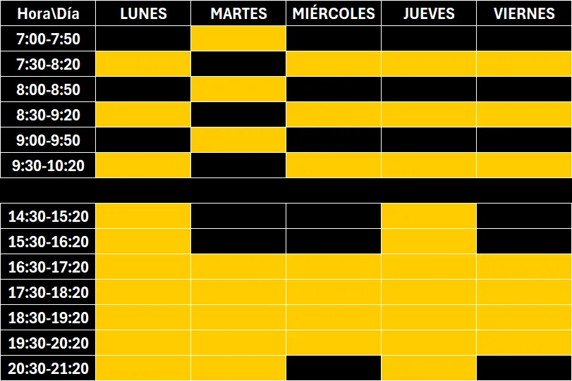tabla con horario de clases del centro