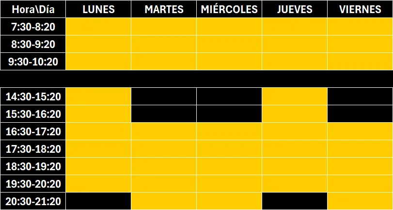 tabla con horario de clases del centro